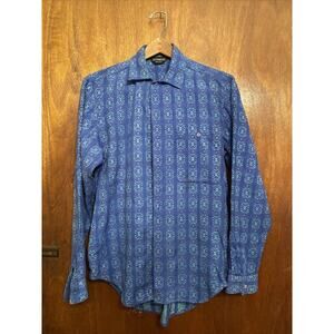 Vintage HUTSPAH 80s Mens Medium Long Sleeve Boho Blue Woven Indie Print Design